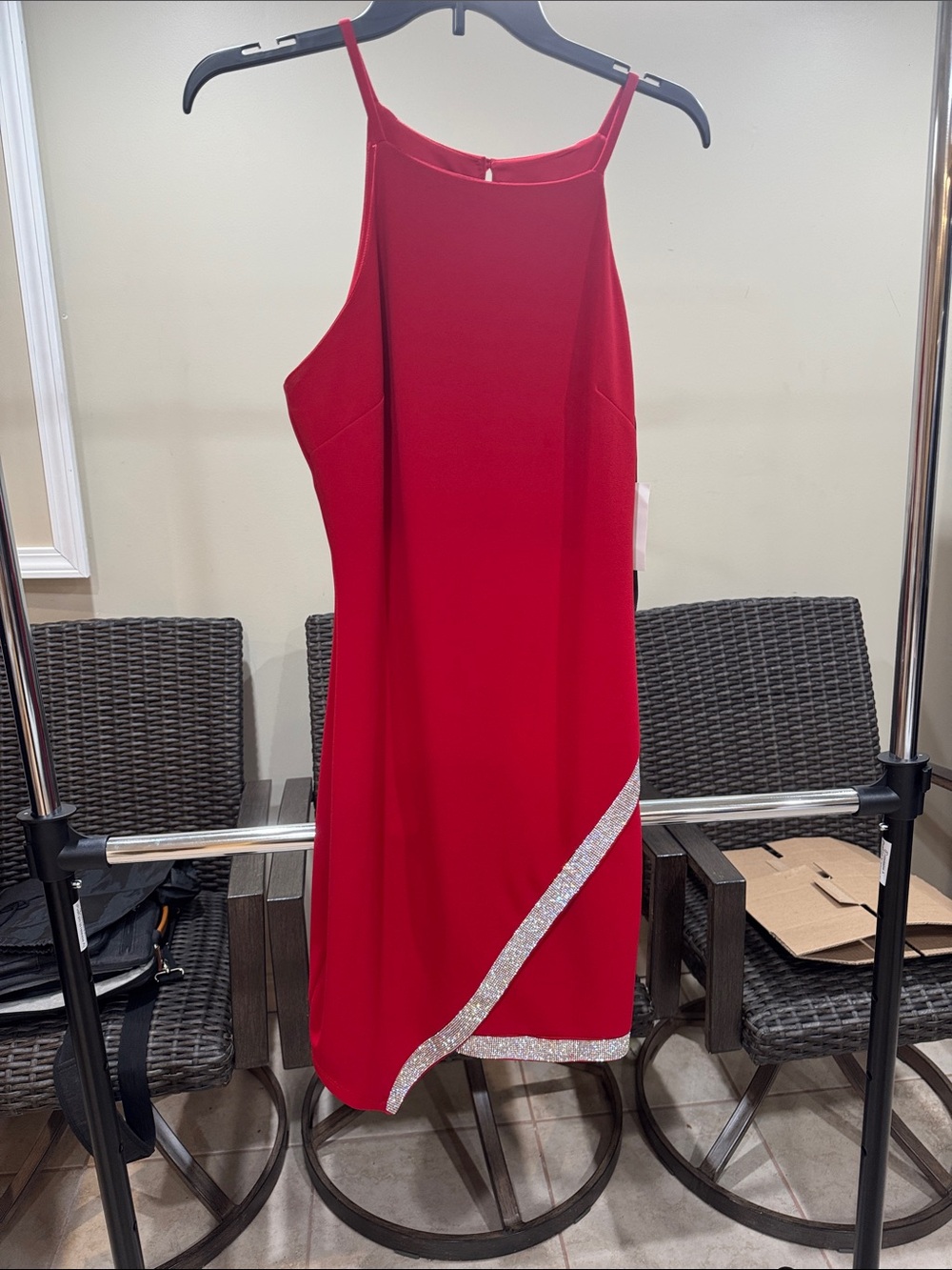 Red Sleeveless Slip Dress with Silver Trim